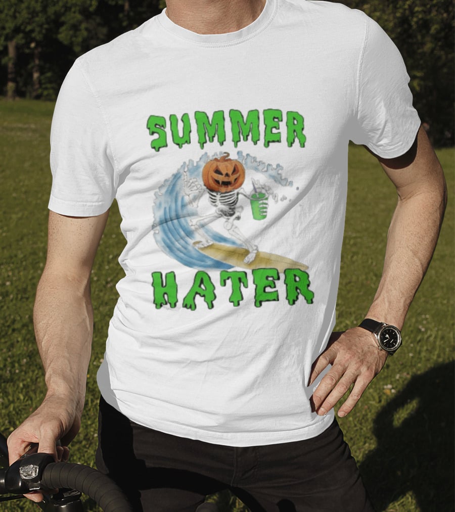 Skeleton With Pumpkin Head Surfing Wave Summer Hater T-Shirt