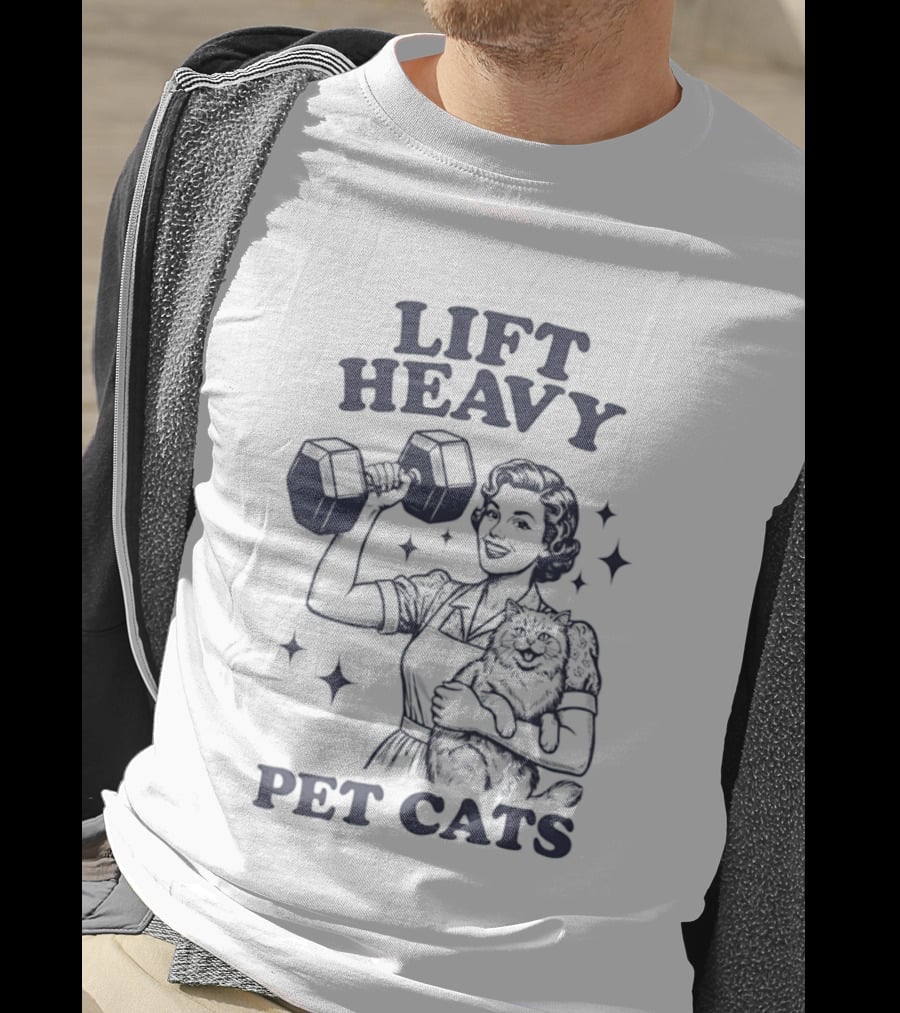 Lift Heavy Pet Cats Strong Woman Fitness Workout Retro Dumbbell T-Shirt