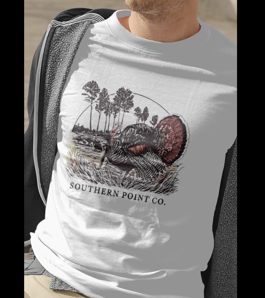 Southern Point Co. Turkey Strutting In The Field With Pine Trees And Horizon Scene T-Shirt