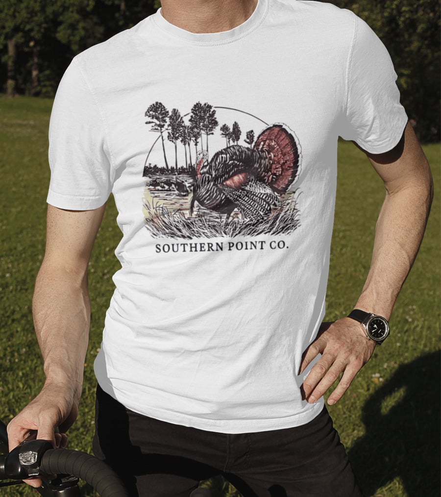 Southern Point Co. Turkey Strutting In The Field With Pine Trees And Horizon Scene T-Shirt