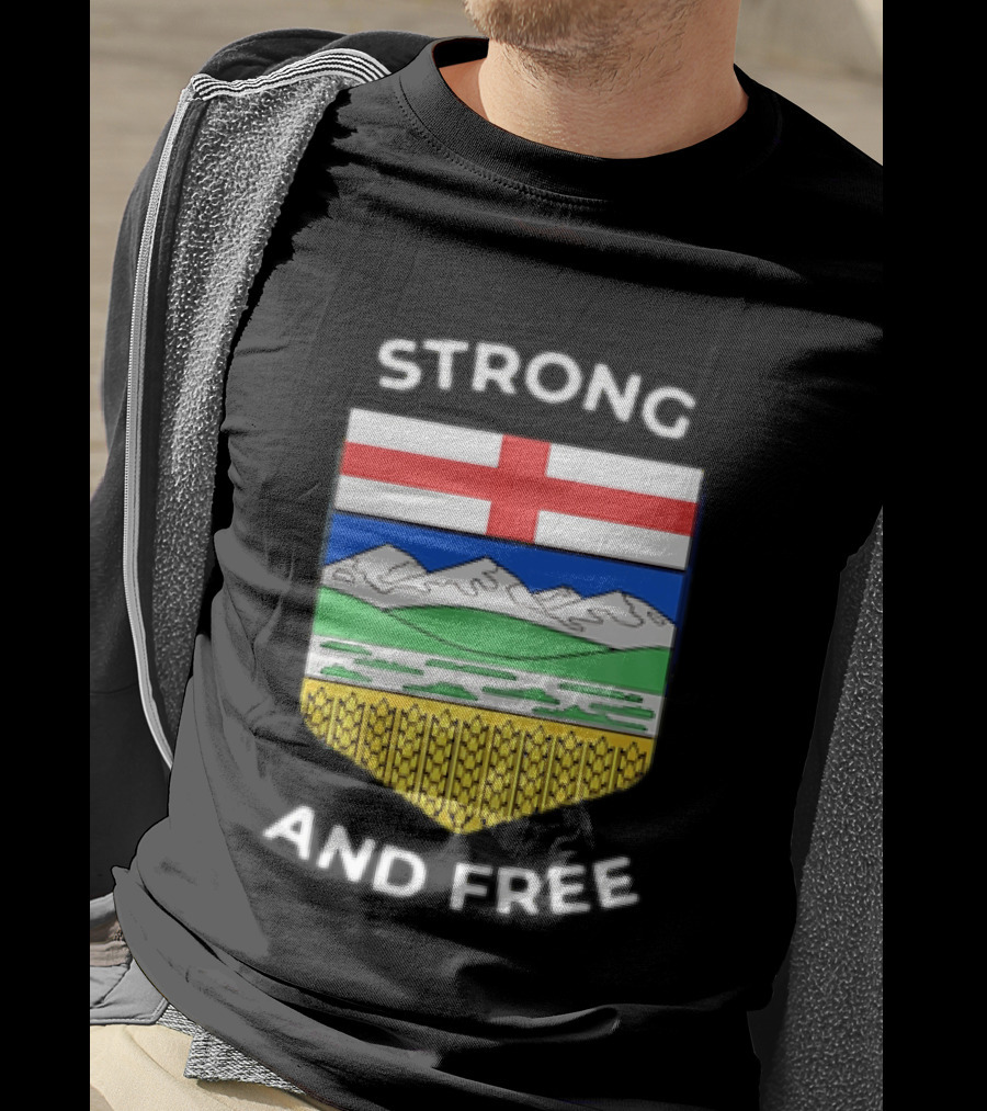 Alberta Canada Map Flag Strong And Free Crest And Wheat Sheaves T-Shirt