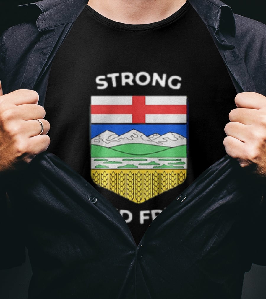 Alberta Canada Map Flag Strong And Free Crest And Wheat Sheaves T-Shirt