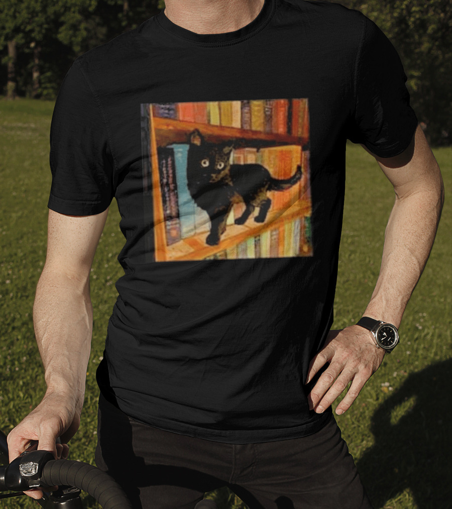 Black Cat On Bookshelf With Colorful Books T-Shirt
