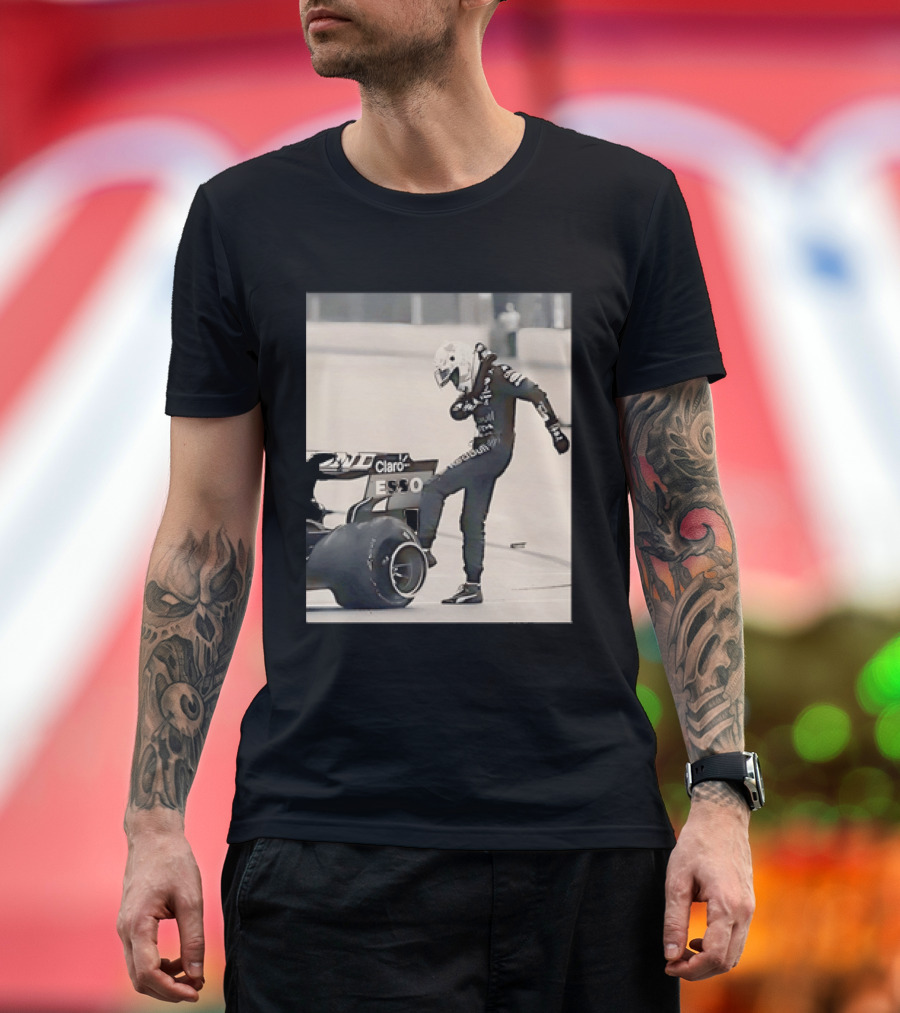 Max Verstappen Kicks Racing Tire Trackside In Racing Suit T-Shirt