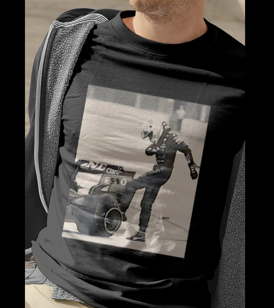 Max Verstappen Kicks Racing Tire Trackside In Racing Suit T-Shirt