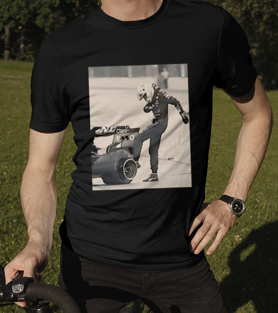 Max Verstappen Kicks Racing Tire Trackside In Racing Suit T-Shirt