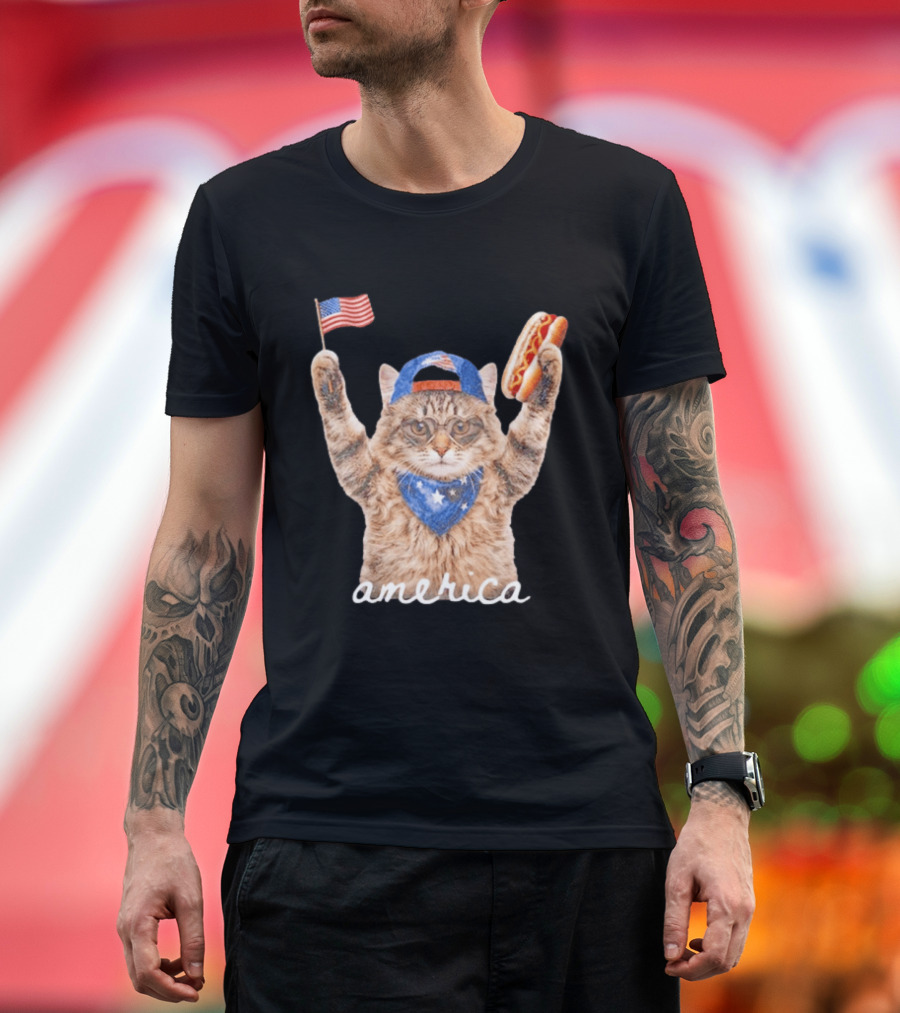 Patriotic Cat American Flag Hot Dog America Fourth Of July Celebration T-Shirt