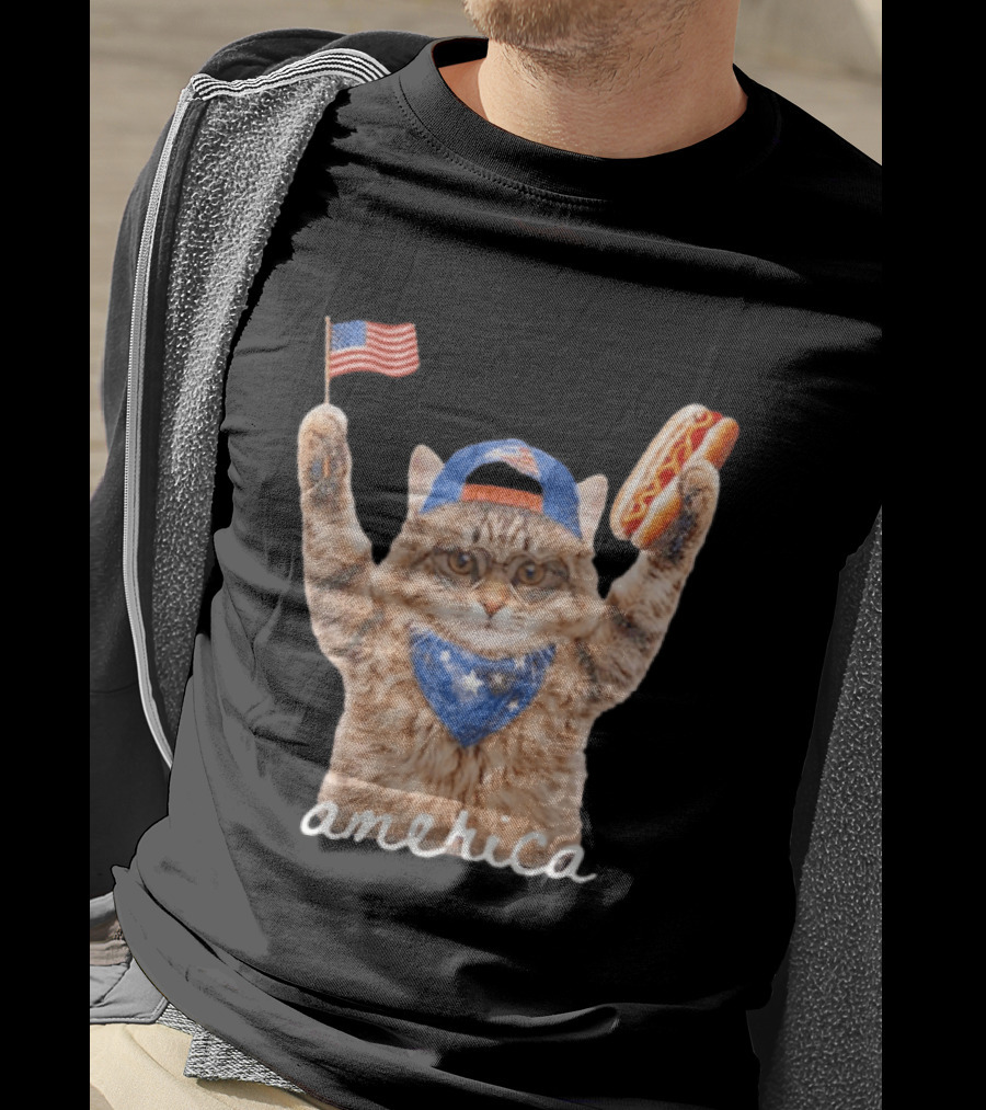Patriotic Cat American Flag Hot Dog America Fourth Of July Celebration T-Shirt