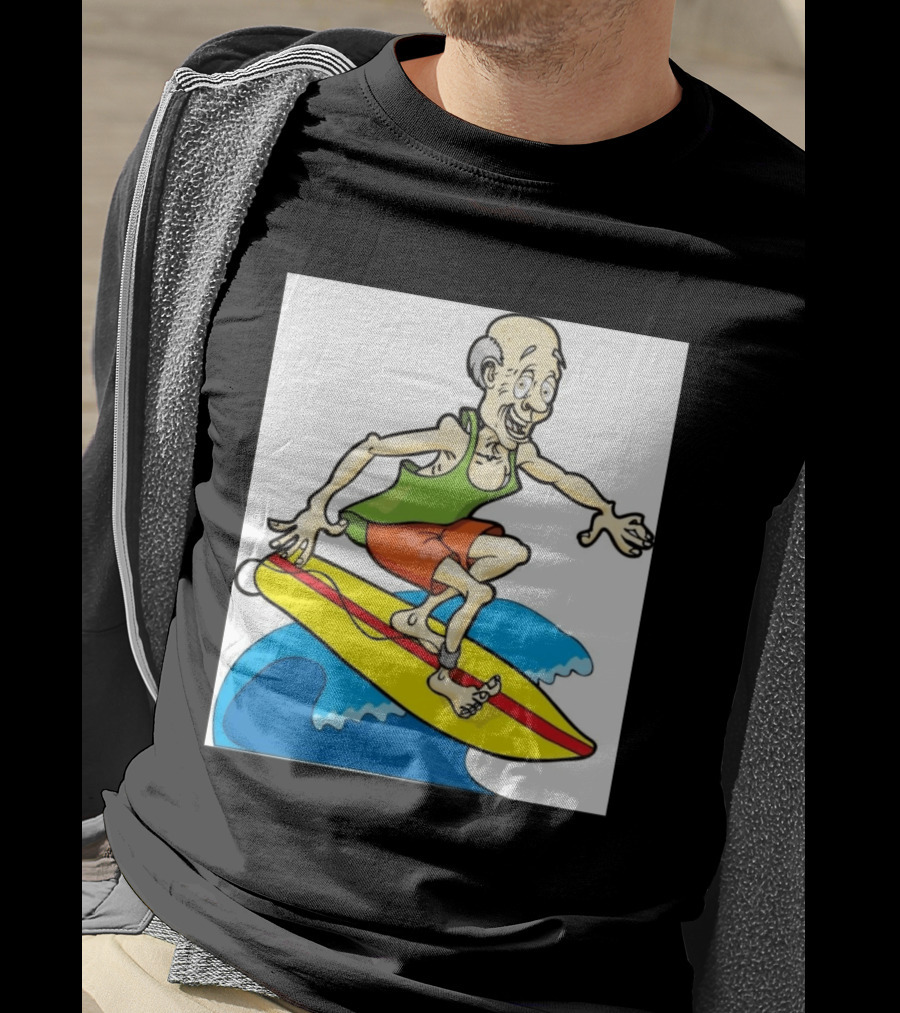 Retired Man Surfing Funny Cartoon Boomer On Yellow Board With Blue Waves T-Shirt