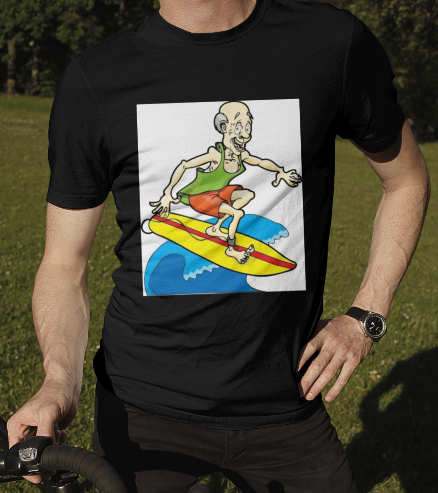 Retired Man Surfing Funny Cartoon Boomer On Yellow Board With Blue Waves T-Shirt