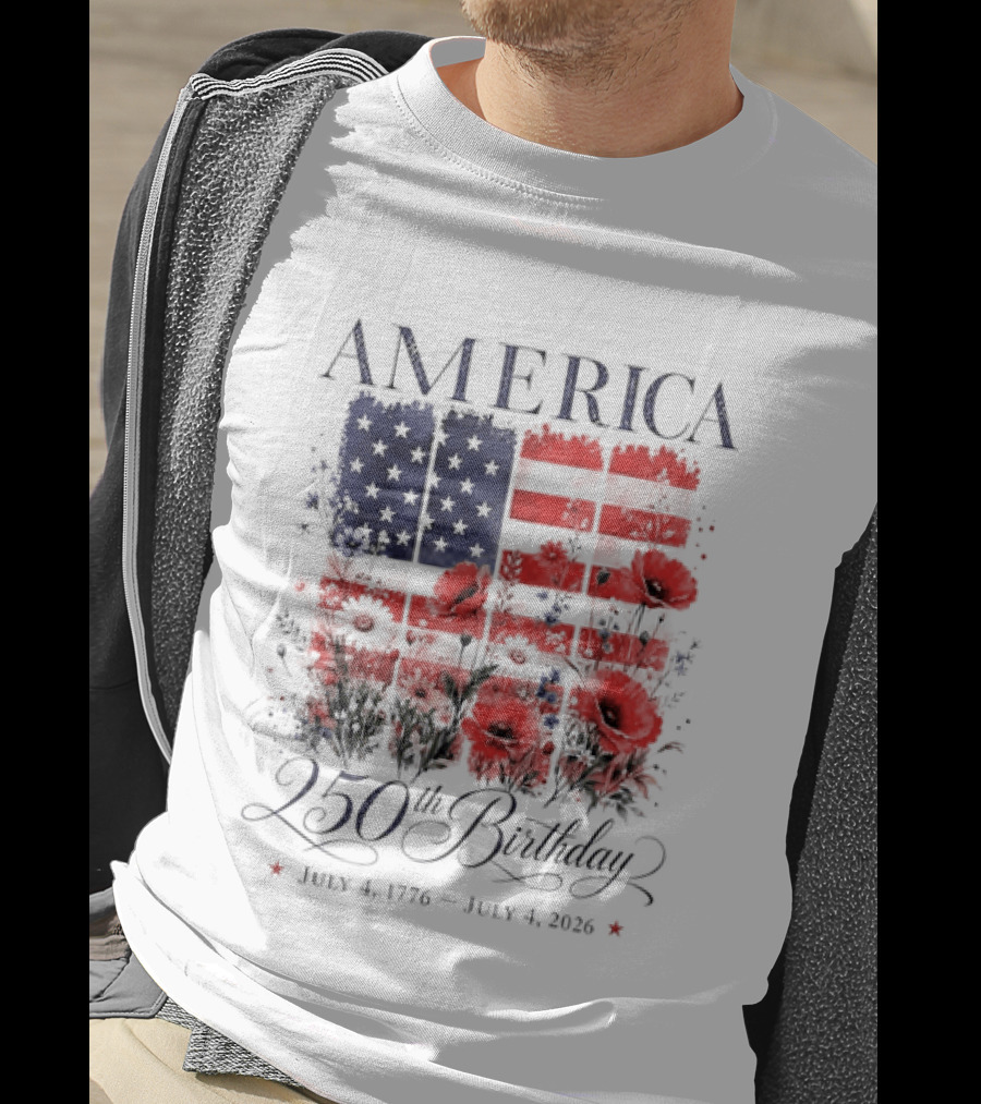 America 250th Birthday July 4 1776 2026 Floral Flag T-Shirt