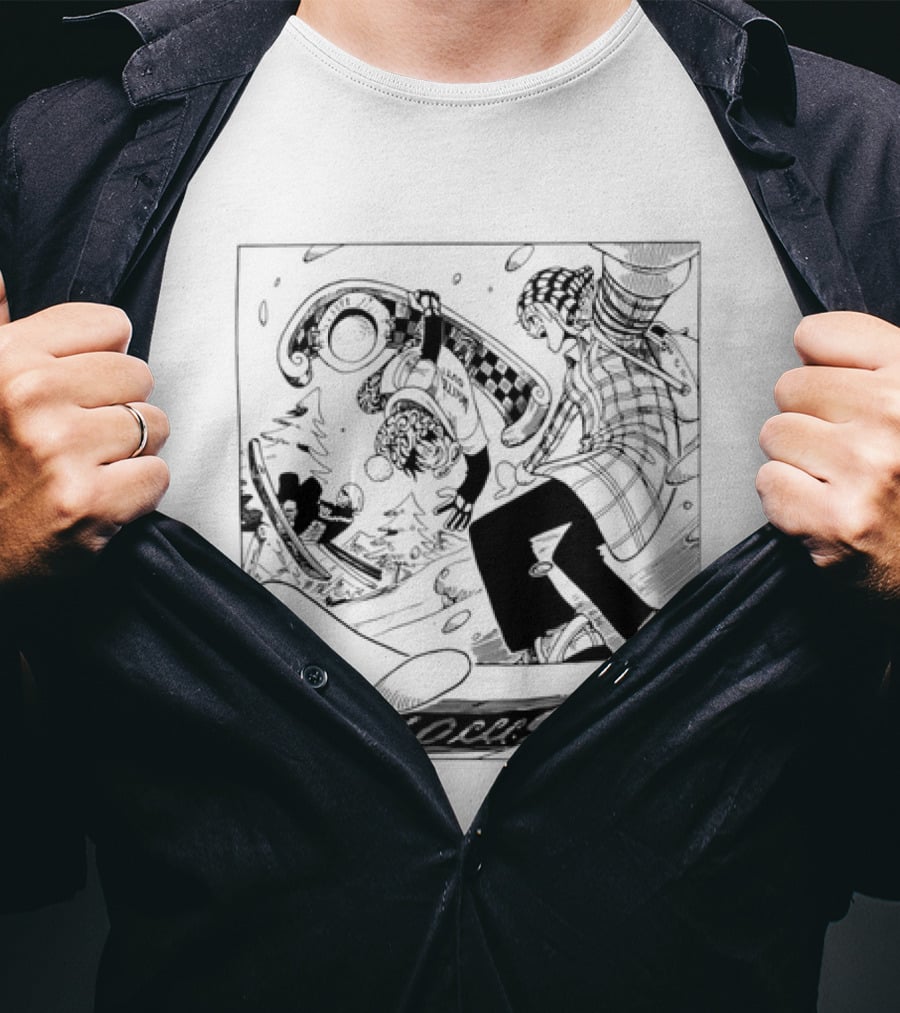 Snowboarding One Piece Crew Manga Style Action White Out Winter Scene T-Shirt