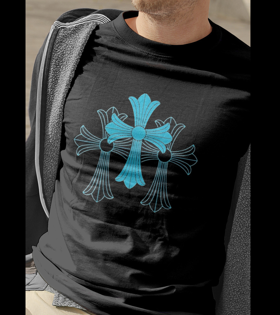 Blue Chrome Heart Cross Luxury Fashion Streetwear T-Shirt