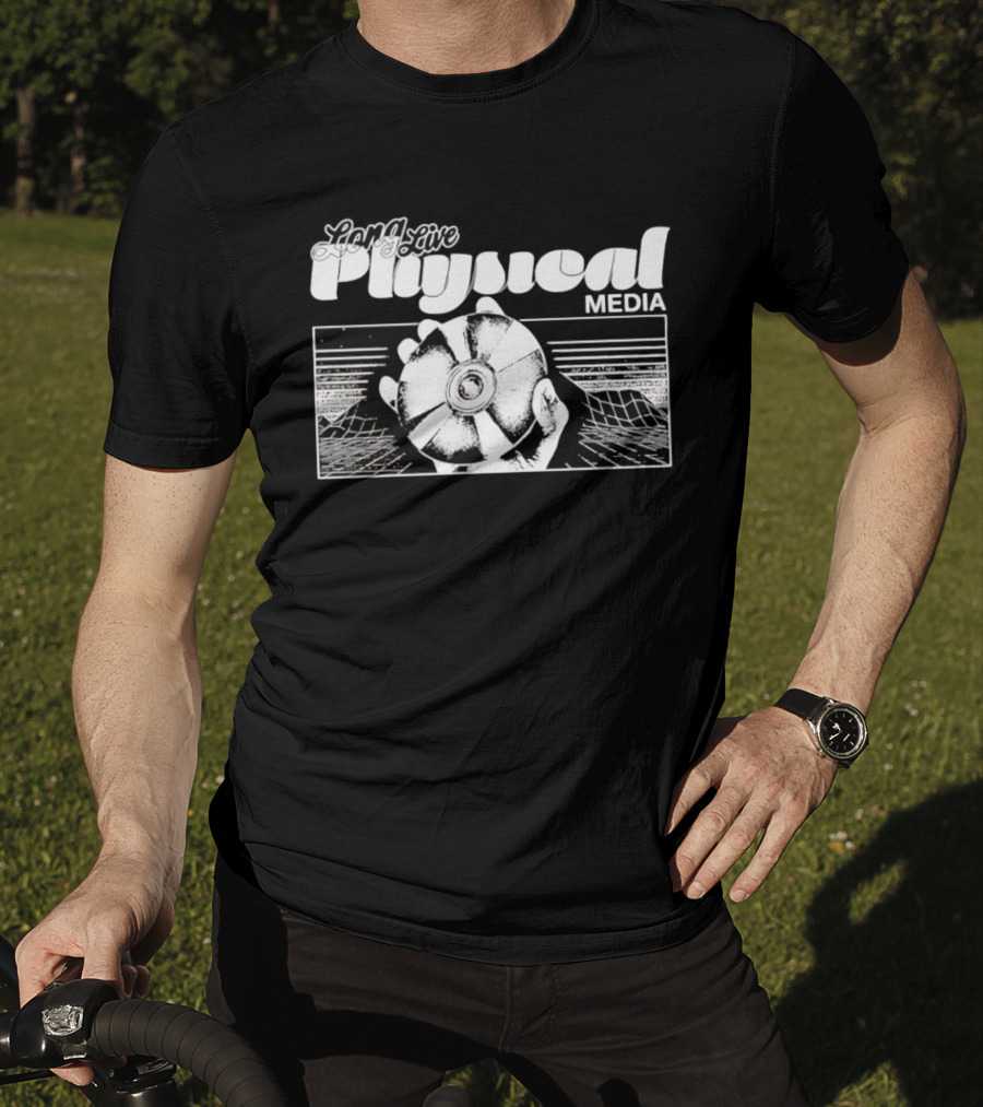 Long Live Physical Media Hand Holding Compact Disc T-Shirt