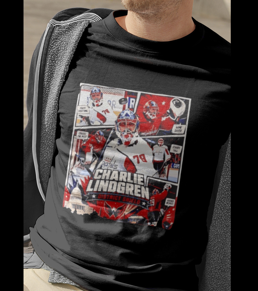 Charlie Lindgren Capitals District Shield Comic Style Hockey Action T-Shirt