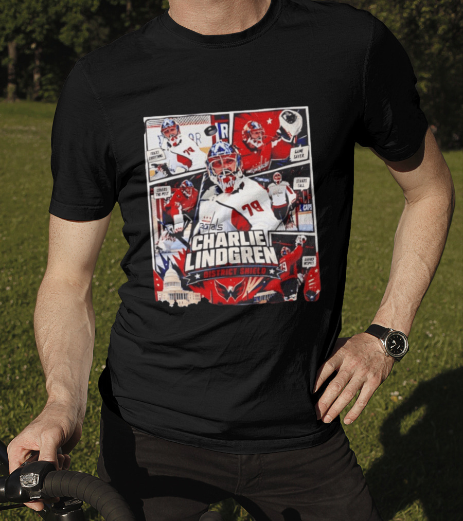Charlie Lindgren Capitals District Shield Comic Style Hockey Action T-Shirt