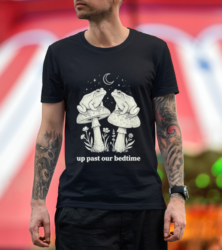 Two Frogs On Mushrooms Up Past Our Bedtime Night Sky Moon Stars T-Shirt