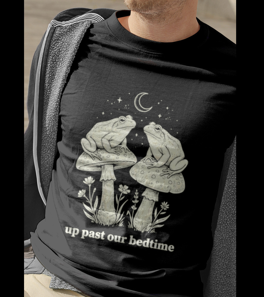 Two Frogs On Mushrooms Up Past Our Bedtime Night Sky Moon Stars T-Shirt