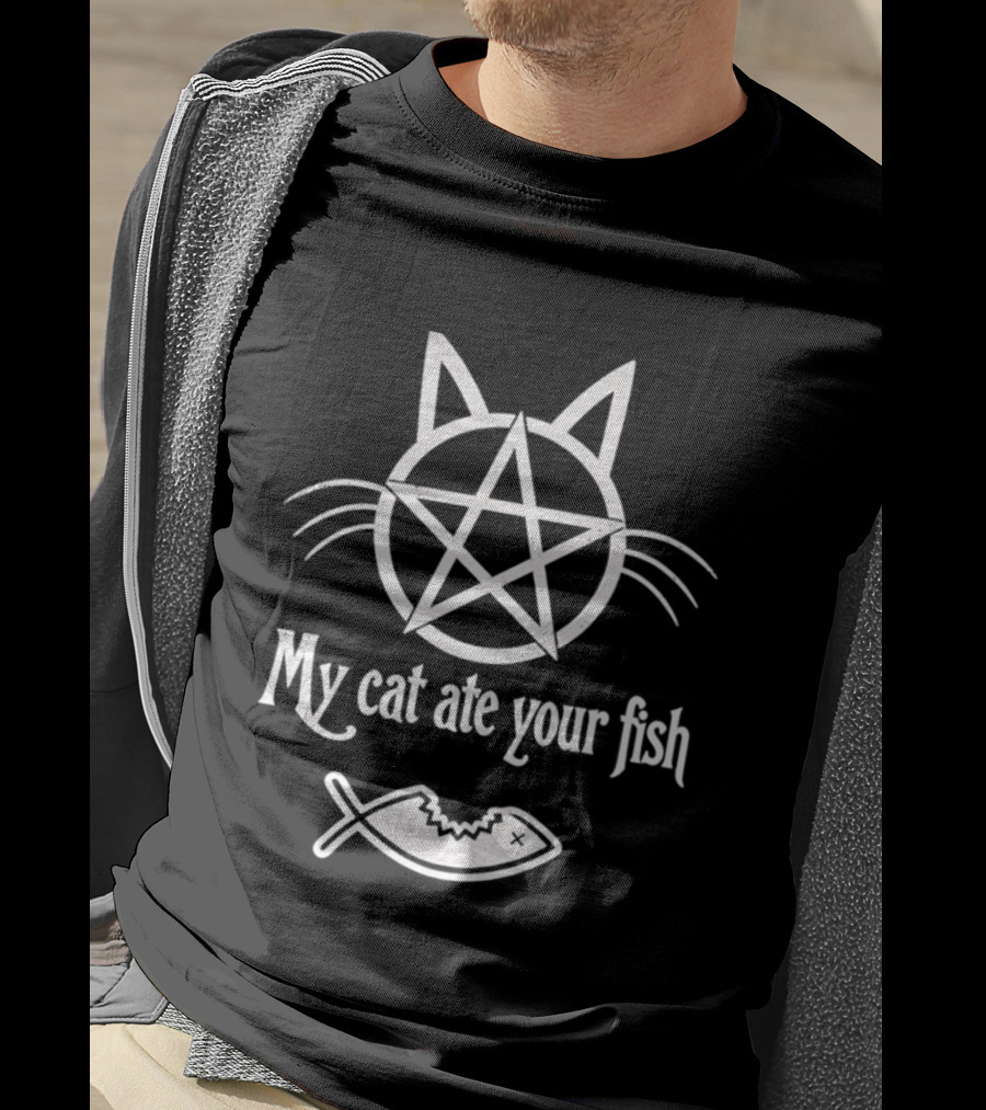 My Cat Ate Your Fish Pentagram Cat Design With Distressed Fishbone T-Shirt