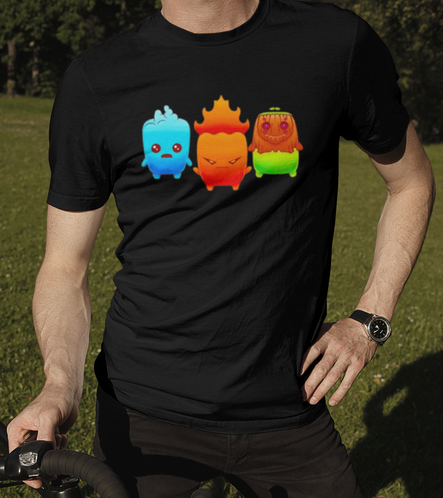Water Fire And Earth Elemental Creatures Fireboy And Watergirl Cute Characters T-Shirt
