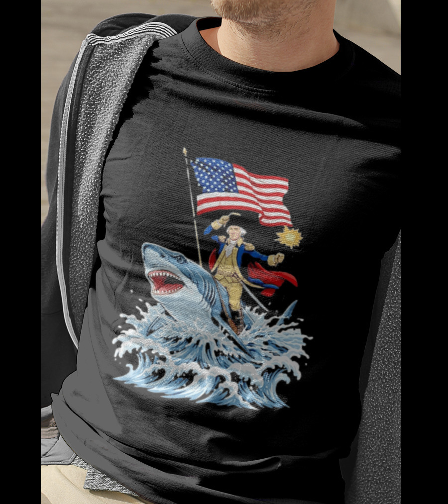 Shark Riding George Washington With American Flag Patriotic 4th Of July T-Shirt