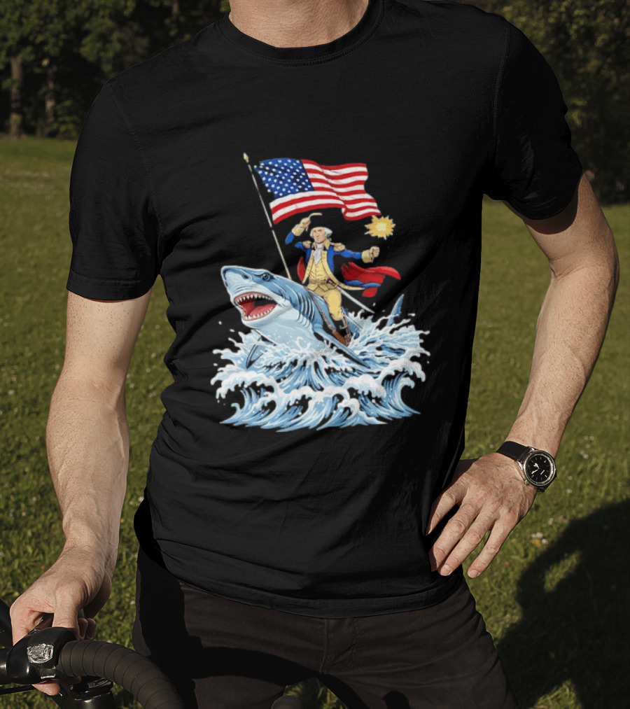 Shark Riding George Washington With American Flag Patriotic 4th Of July T-Shirt
