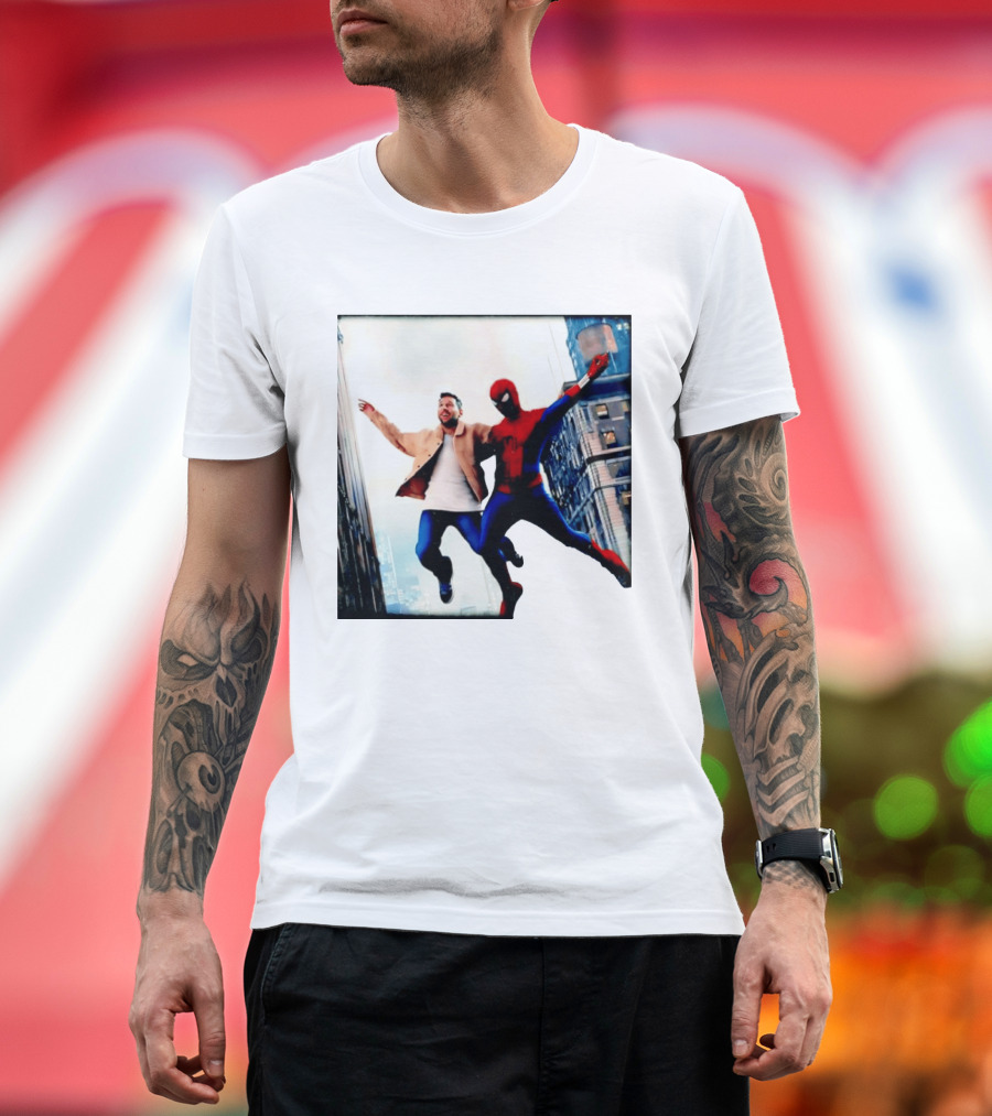 Lionel Messi And Spider Man Jump In City Marvel Cinematic Universe T-Shirt