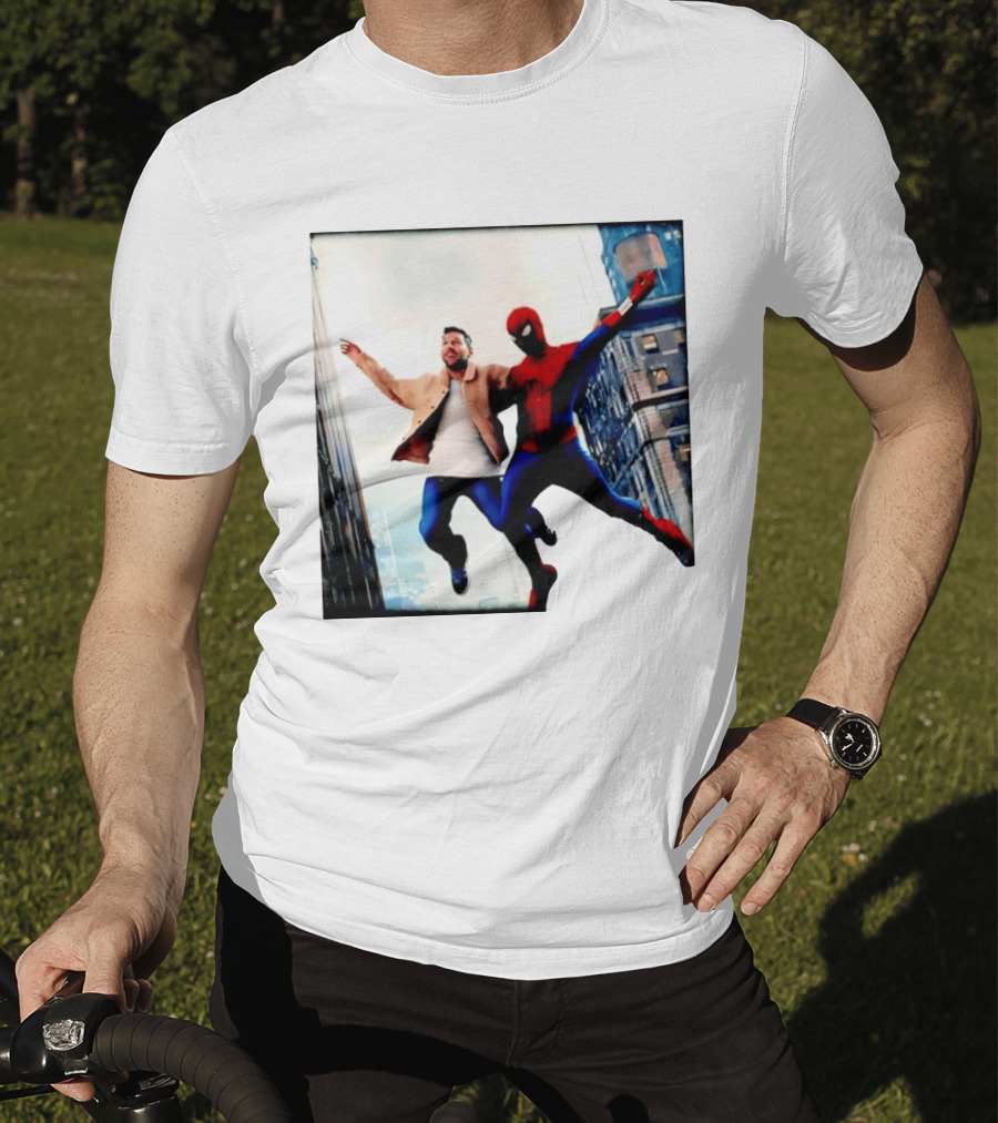 Lionel Messi And Spider Man Jump In City Marvel Cinematic Universe T-Shirt
