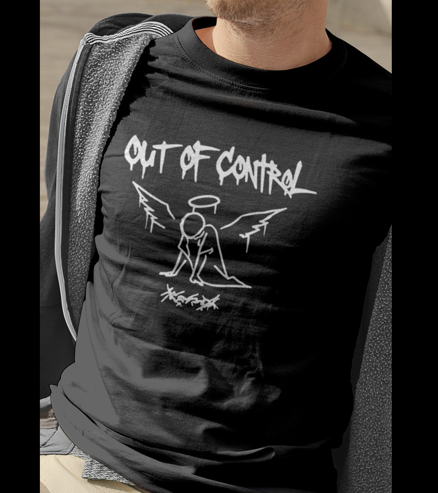 Out Of Control Angel Cowering Scribble White Outline Halo Wings T-Shirt