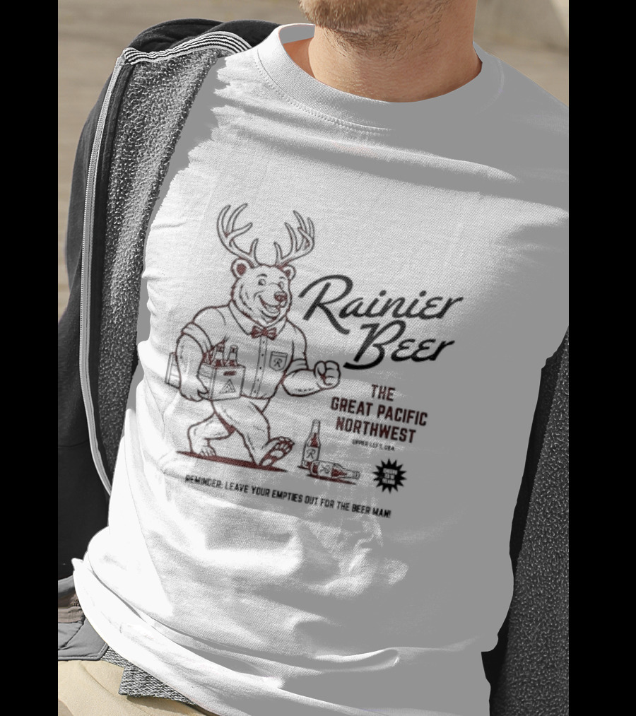 Rainier Beer Jackalope Bear Great Pacific Northwest Explore Legend Of The Sasquatch T-Shirt