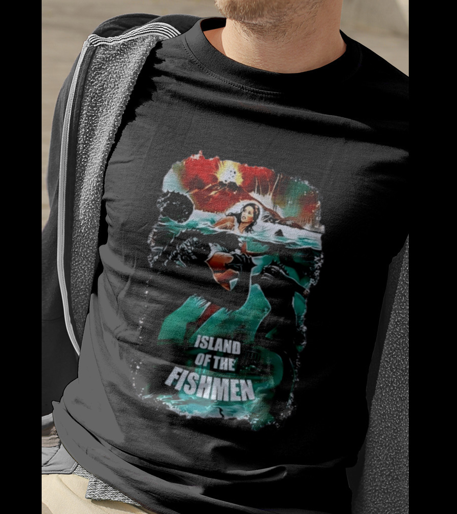 Island Of The Fishmen Vintage Movie Scene With Sea Monsters And Volcano T-Shirt