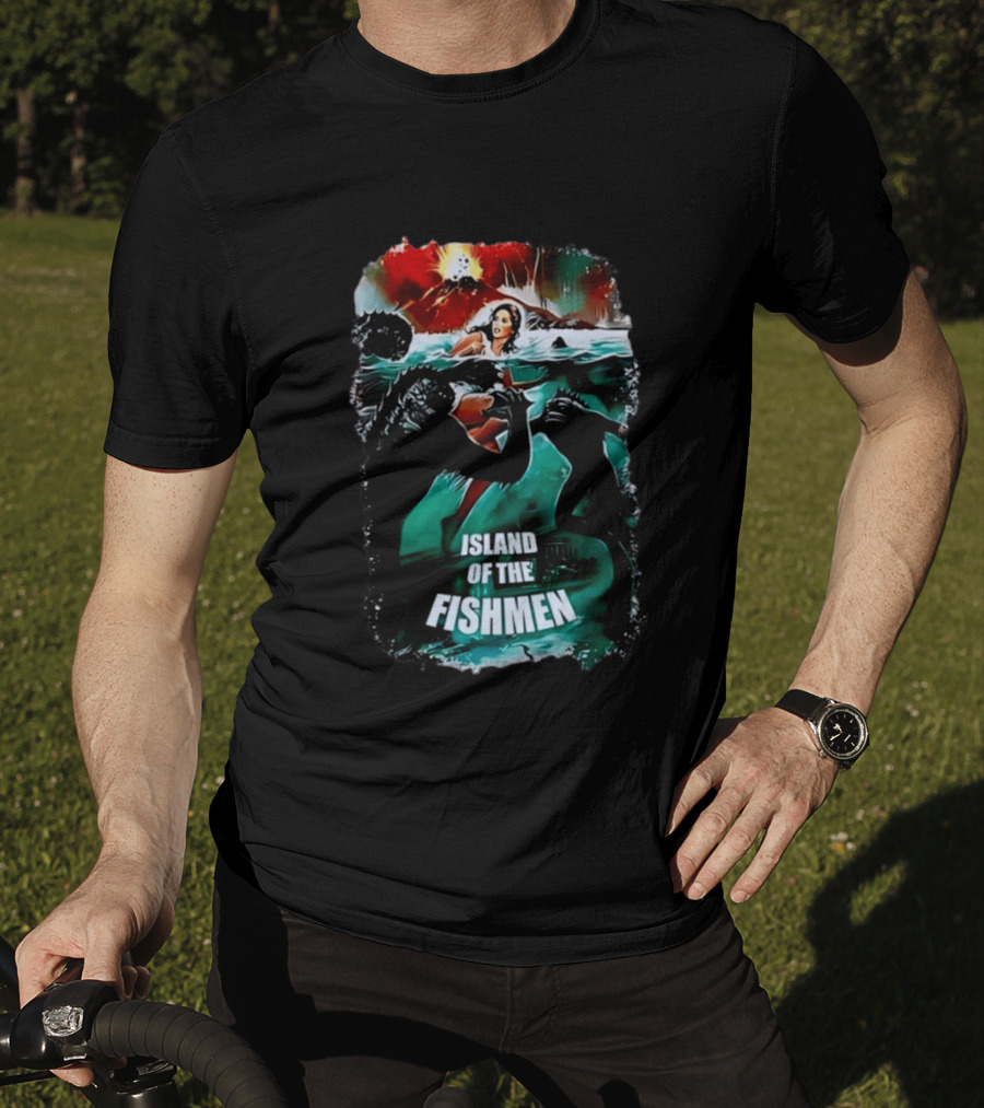 Island Of The Fishmen Vintage Movie Scene With Sea Monsters And Volcano T-Shirt
