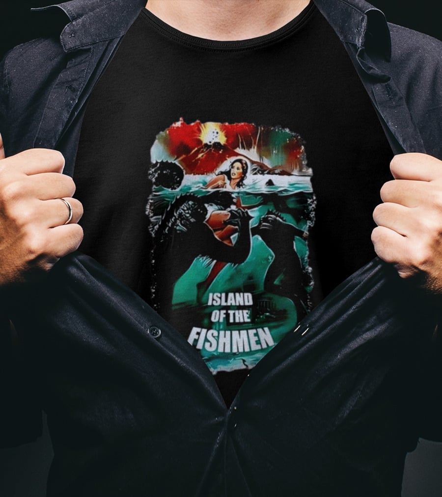 Island Of The Fishmen Vintage Movie Scene With Sea Monsters And Volcano T-Shirt