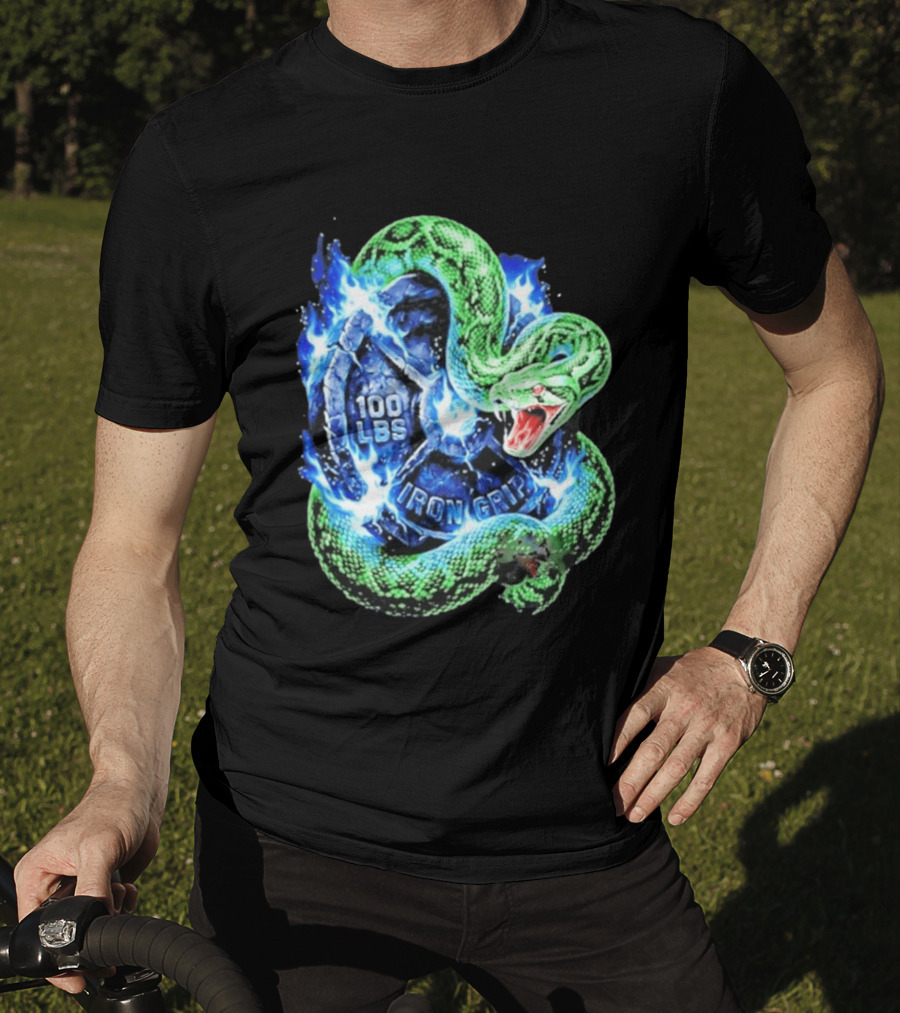 100 Lbs Iron Grip Snake With Lightning And Dumbbell T-Shirt