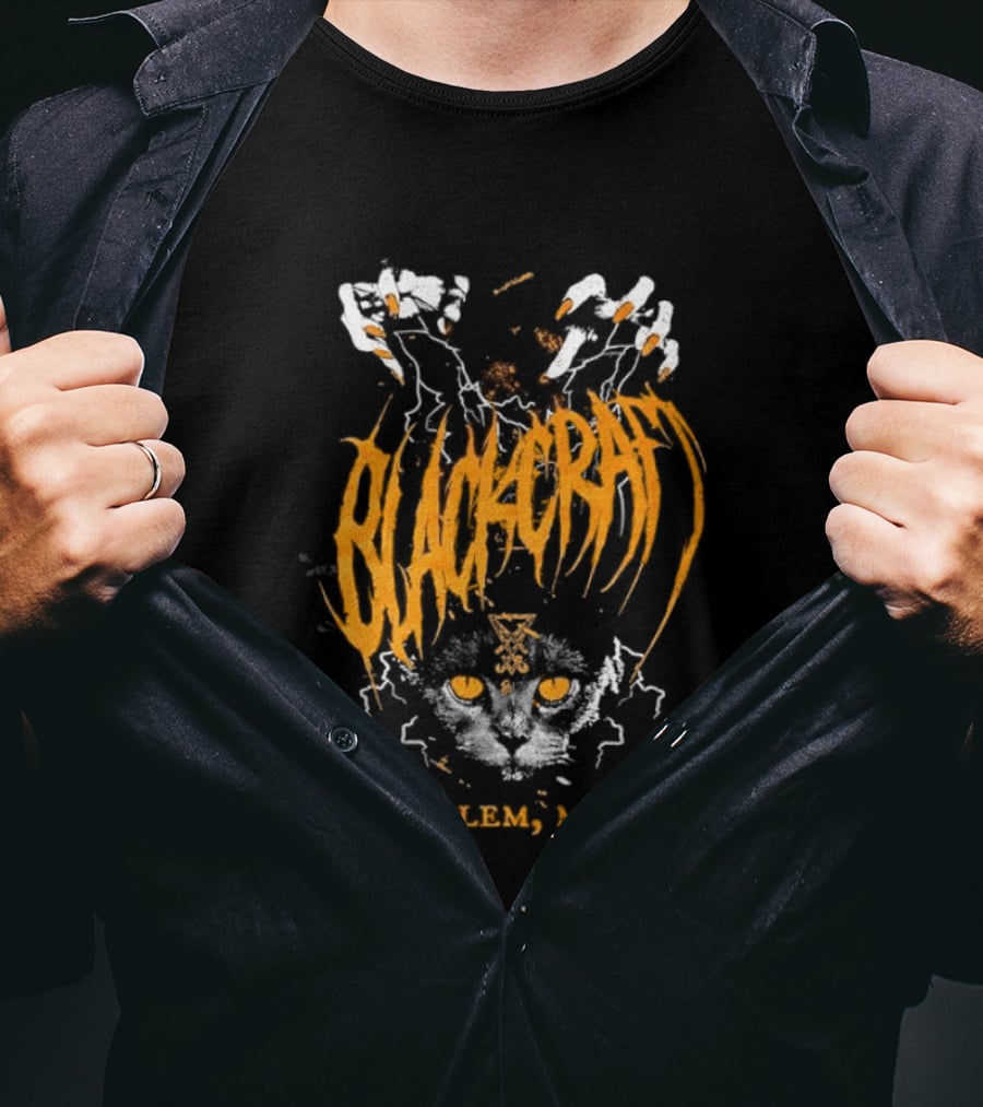 Blackcraft Salem MA Cat Occult Theme With Leviathan Cross T-Shirt