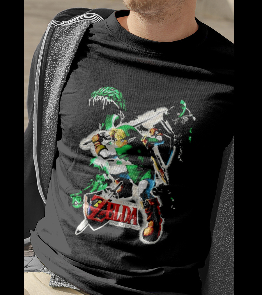 Legend Of Zelda Ocarina Of Time Link Fighting Enemies T-Shirt