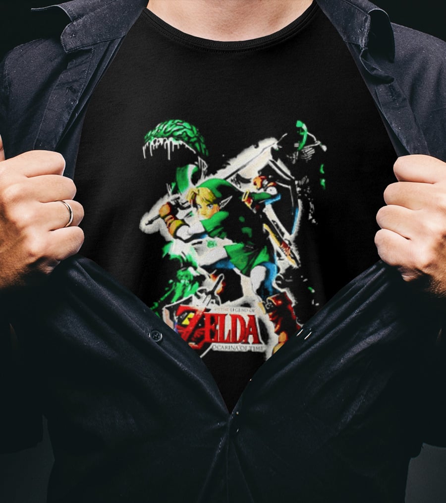 Legend Of Zelda Ocarina Of Time Link Fighting Enemies T-Shirt