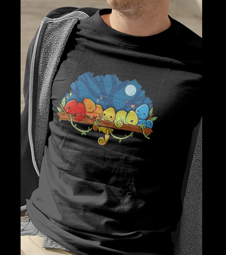 Colorful Chameleons Sitting On A Tree Branch Under Night Sky With Moon And Hearts T-Shirt