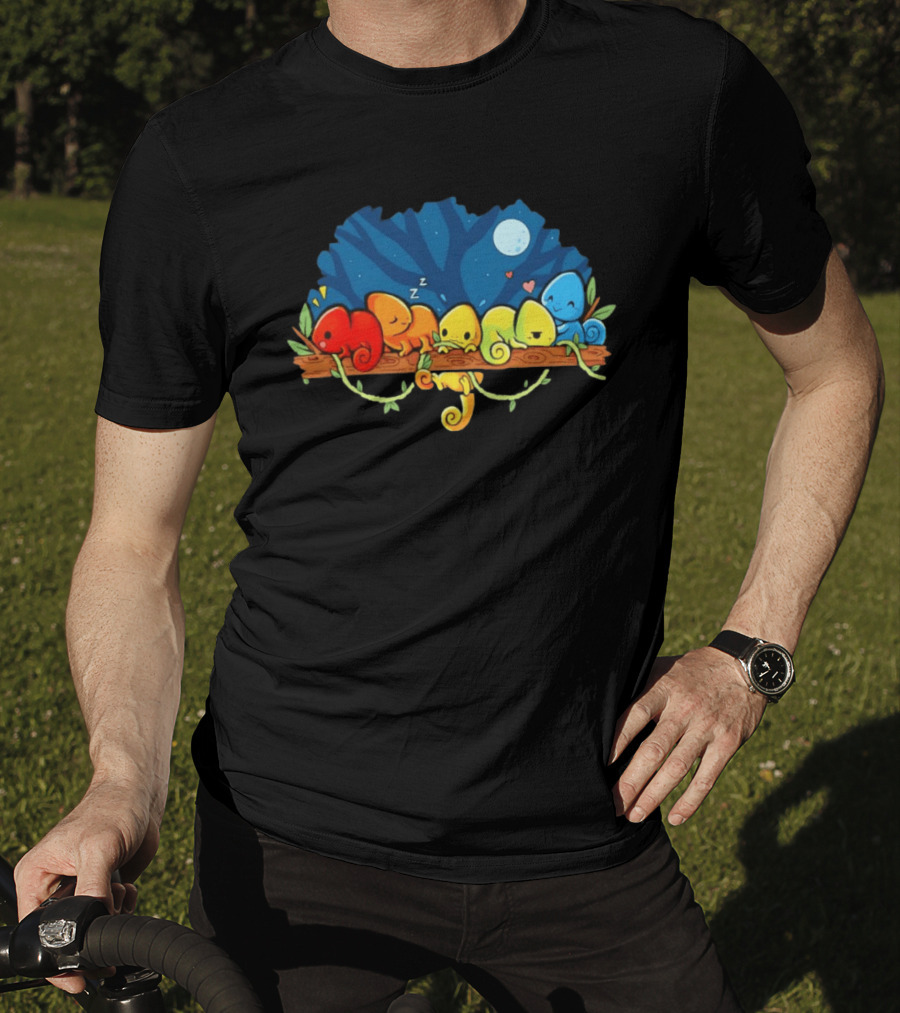 Colorful Chameleons Sitting On A Tree Branch Under Night Sky With Moon And Hearts T-Shirt