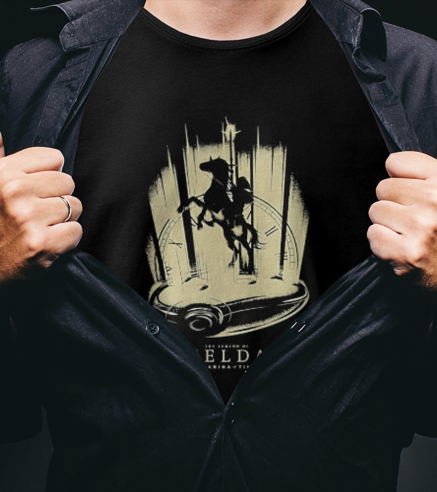 Link Riding Epona Castle Background Zelda Ocarina Of Time T-Shirt