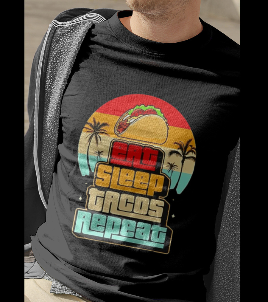 Eat Sleep Tacos Repeat Gaming Retro Sunset Palm Trees T-Shirt