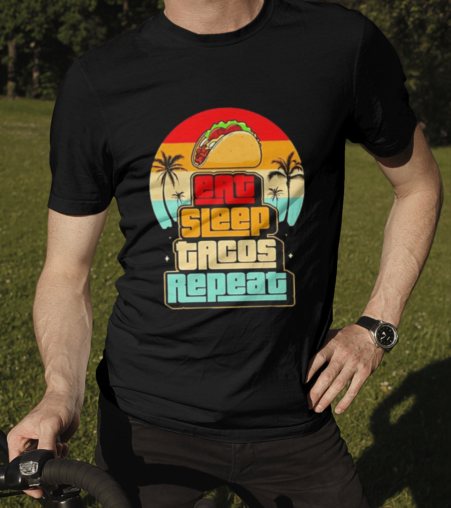 Eat Sleep Tacos Repeat Gaming Retro Sunset Palm Trees T-Shirt