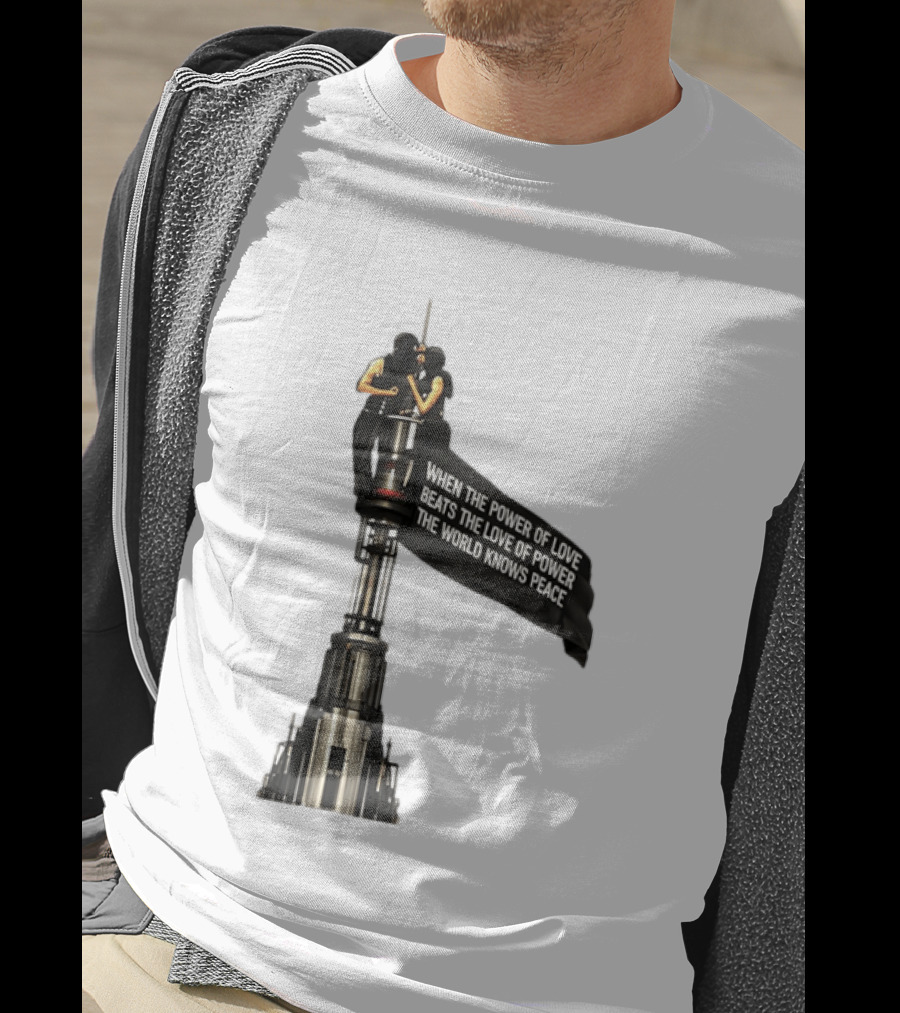 Angela Nikolau And Ivan Beerkus Love And Peace Flag On Empire State Building T-Shirt