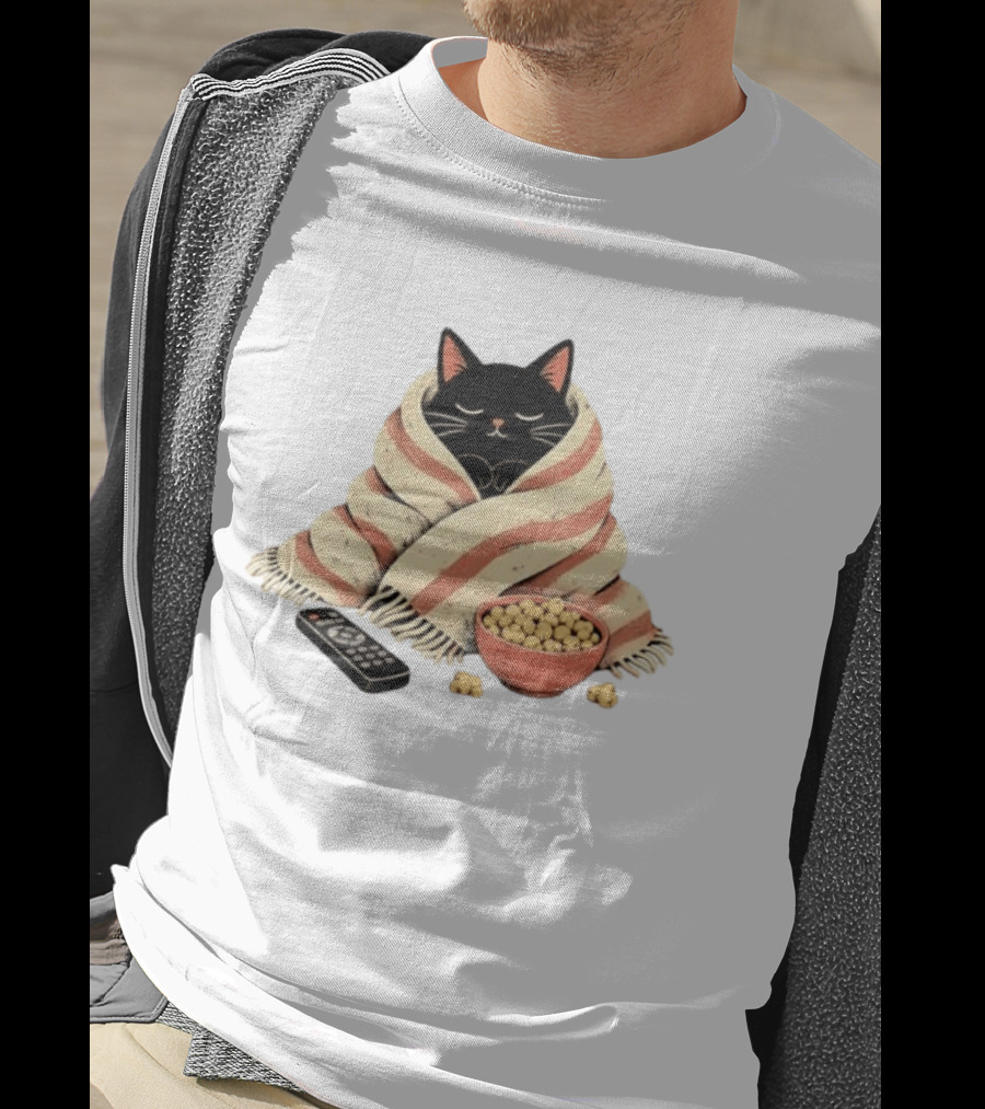 Cozy Black Cat Wrapped In Blanket With Popcorn And Remote T-Shirt