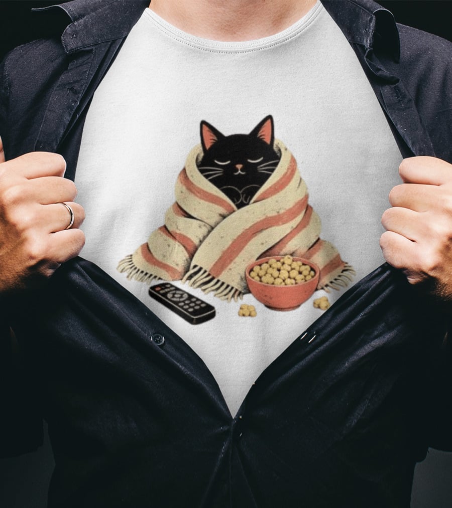 Cozy Black Cat Wrapped In Blanket With Popcorn And Remote T-Shirt