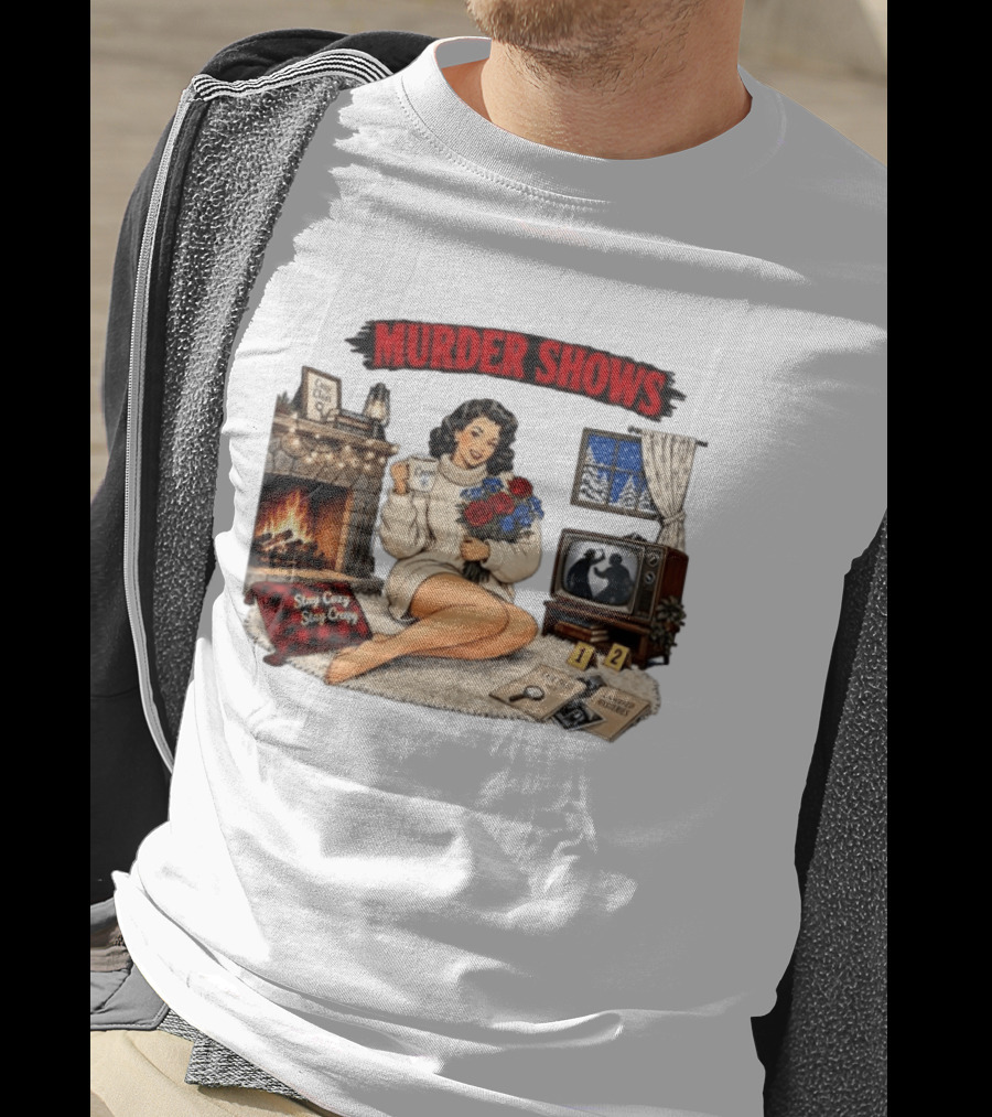 Murder Shows Cozy Creepy Mystery Scene With Fire, Roses, And Vintage TV T-Shirt