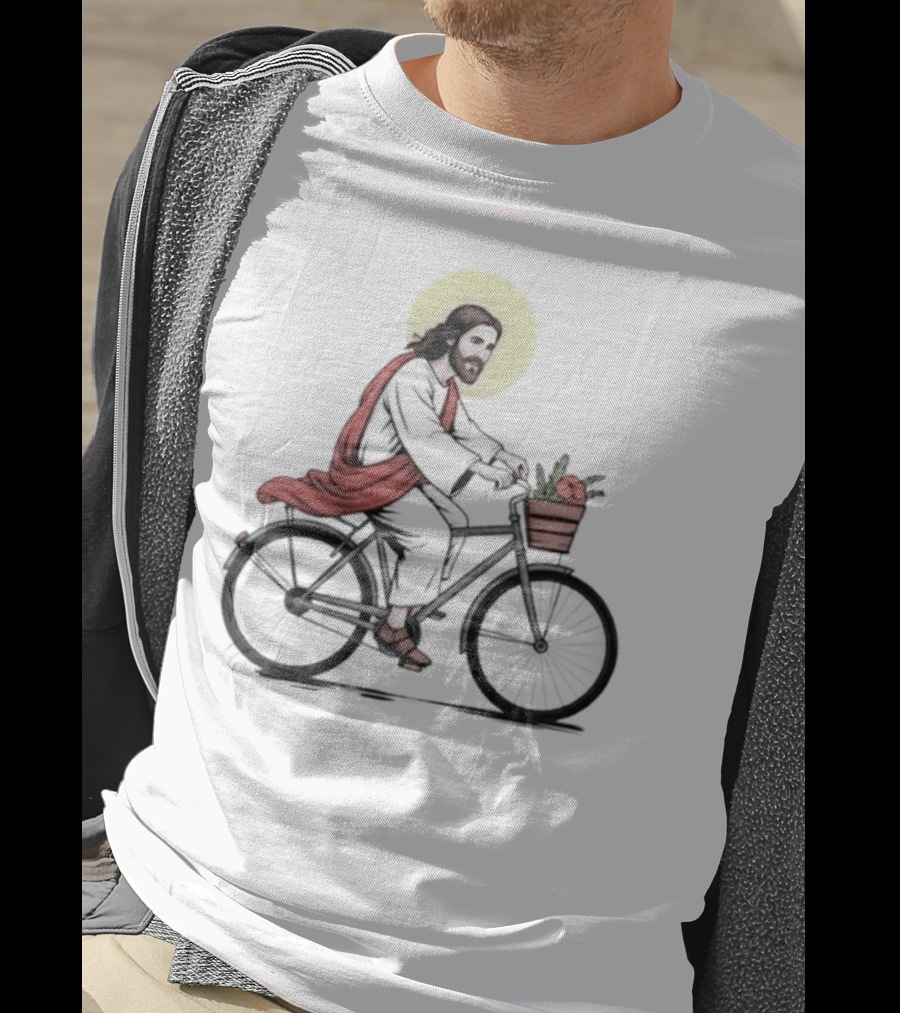Christ On A Bike British Slang Jesus Cycling With Halo And Groceries T-Shirt