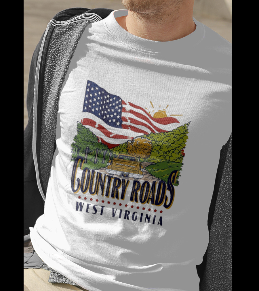 Country Roads West Virginia American USA Flag Vintage Truck Scenic Route T-Shirt