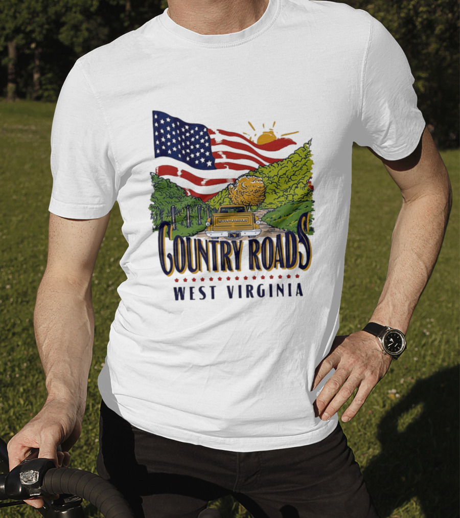 Country Roads West Virginia American USA Flag Vintage Truck Scenic Route T-Shirt