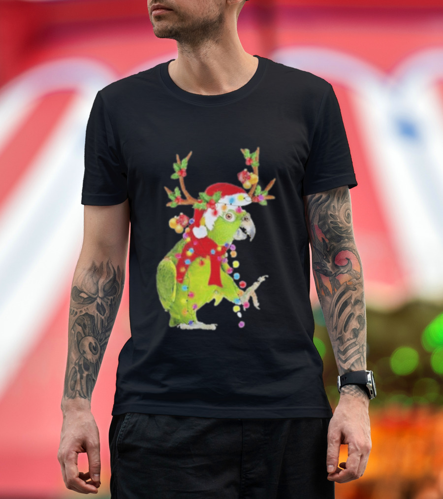 Festive Parrot Wearing Santa Hat And Reindeer Antlers T-Shirt